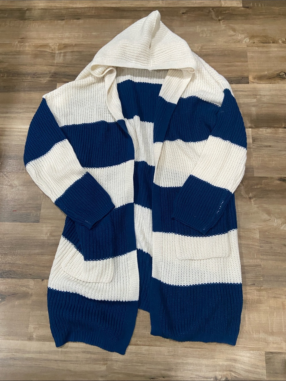 Pink Lily Hooded Open-Front Stripe Cardigan Sweater - Navy & Cream